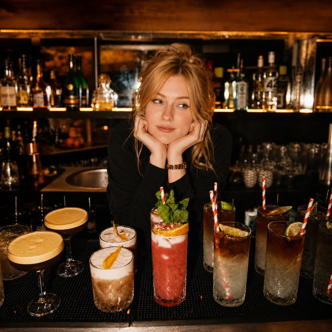 Bartender resting her chin on her hands behind a lit-up bar lined with cocktails — espresso martinis, a tall berry highball with mint, and a row of red-striped-straw highballs.